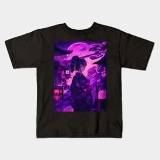 Purple neon Japanese girl Kids T-Shirt